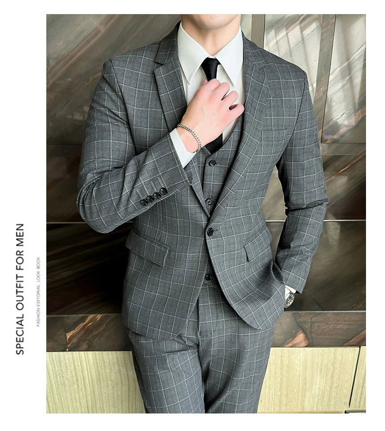 Men’s Plaid 3-Piece Suit Business Wedding Elegant Fashion Set