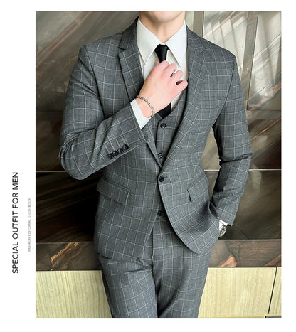 Men’s Plaid 3-Piece Suit Business Wedding Elegant Fashion Set