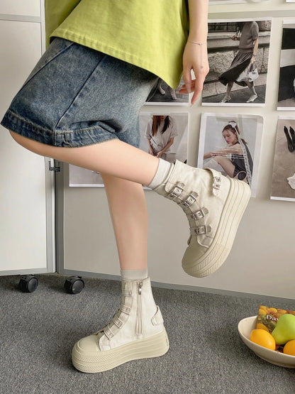 CHABELLA Women's High Top Canvas Shoes with Buckle, Zip, Street Style Comfort