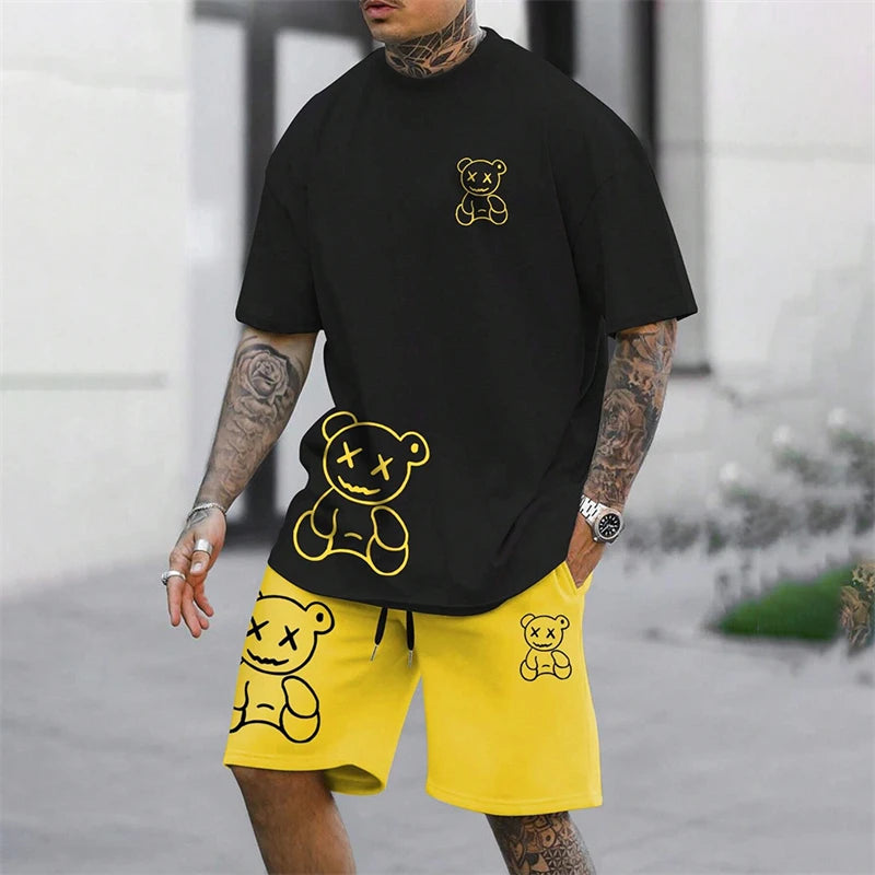 Harajuku Fun Bear Men's Summer Two-Piece Set