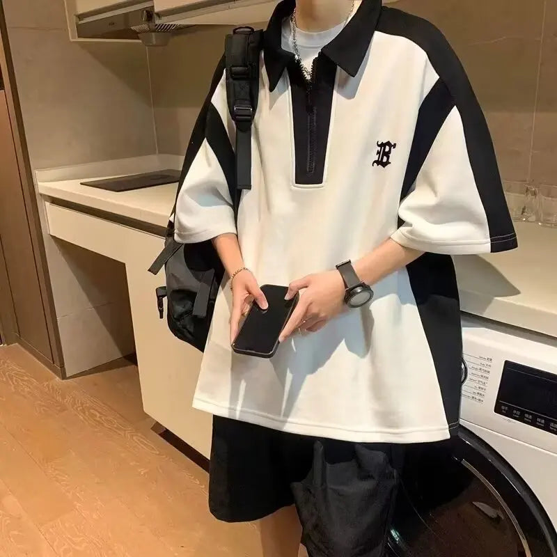 Men's Summer Polo Shirt Casual Loose Zipper Tee