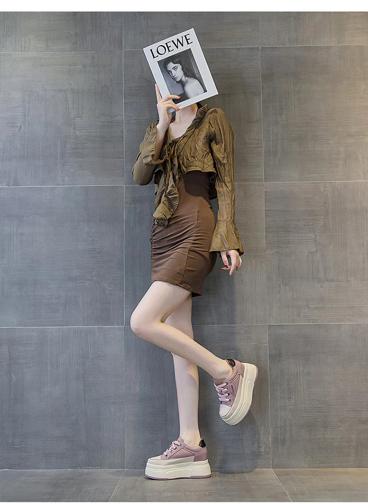 Fujin 9cm cow suede leather women platform wedge shoes, casual summer heels