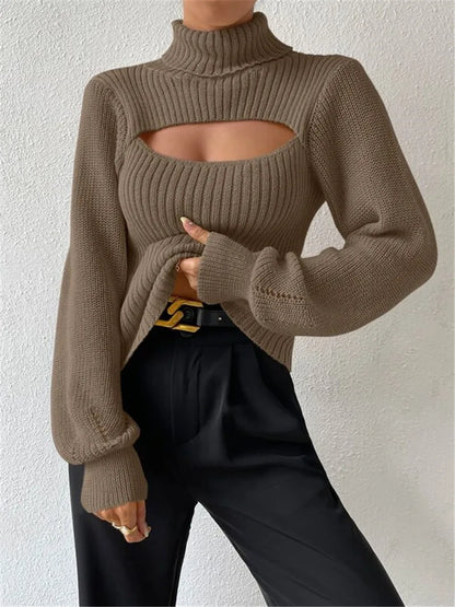 Sexy loose sweater with high neck and hollow design