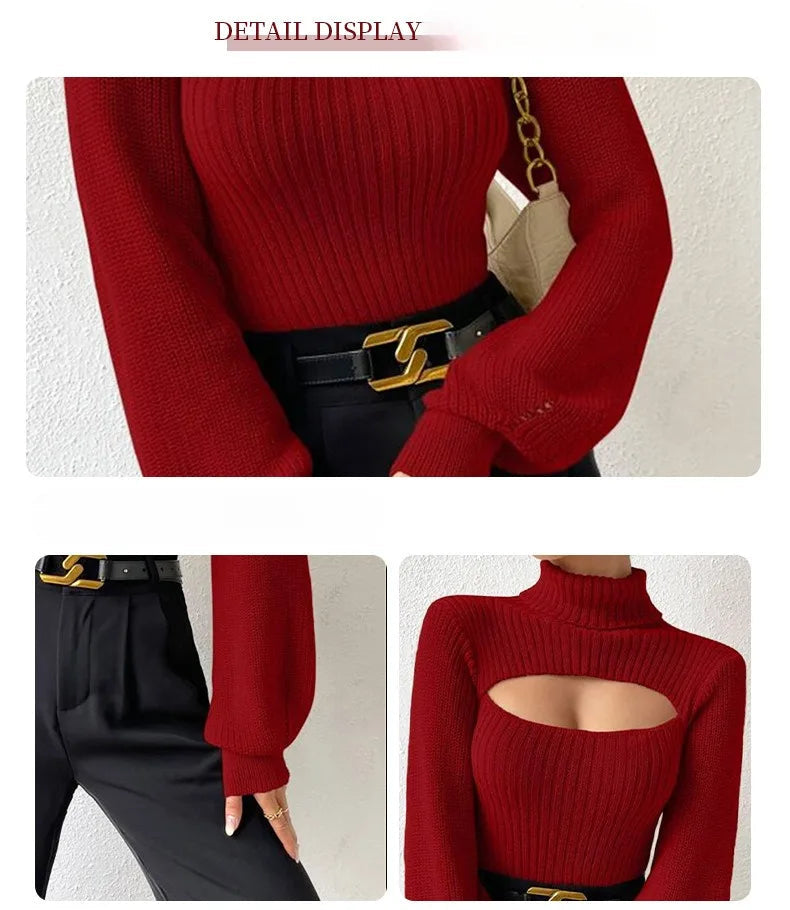 Sexy loose sweater with high neck and hollow design