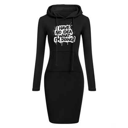 Women's Hooded Dress Long Sleeve Drawstring Text Print