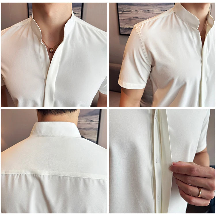 Men’s stand collar V-neck stretch shirt white fashion
