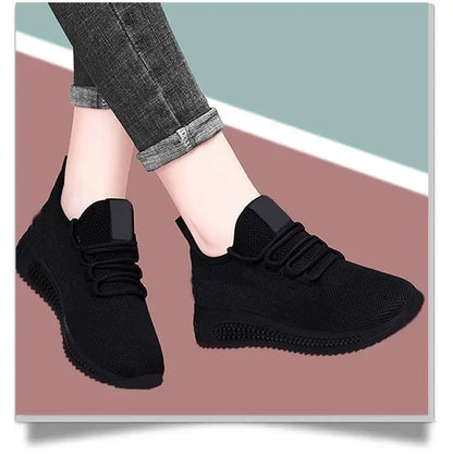 Women's Black Sneakers, Casual Platform Shoes, Breathable Running Shoes