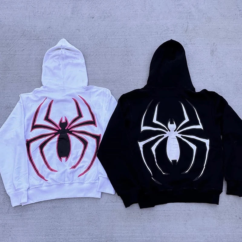 Y2K Spider Graphic Hoodie Unisex Casual Zip-Up Sweatshirt