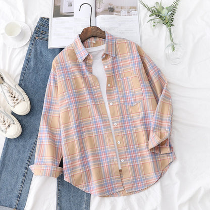 Women's plaid flannel shirt, loose fit, spring casual style