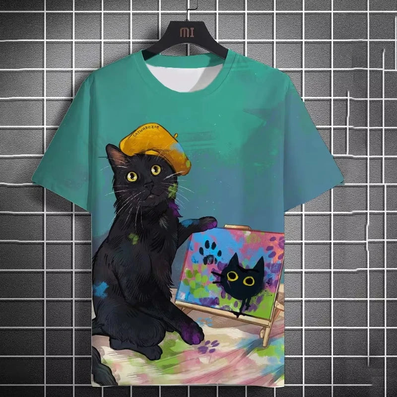 Oversized 3D Cat Print Tee – Unisex Summer Fashion
