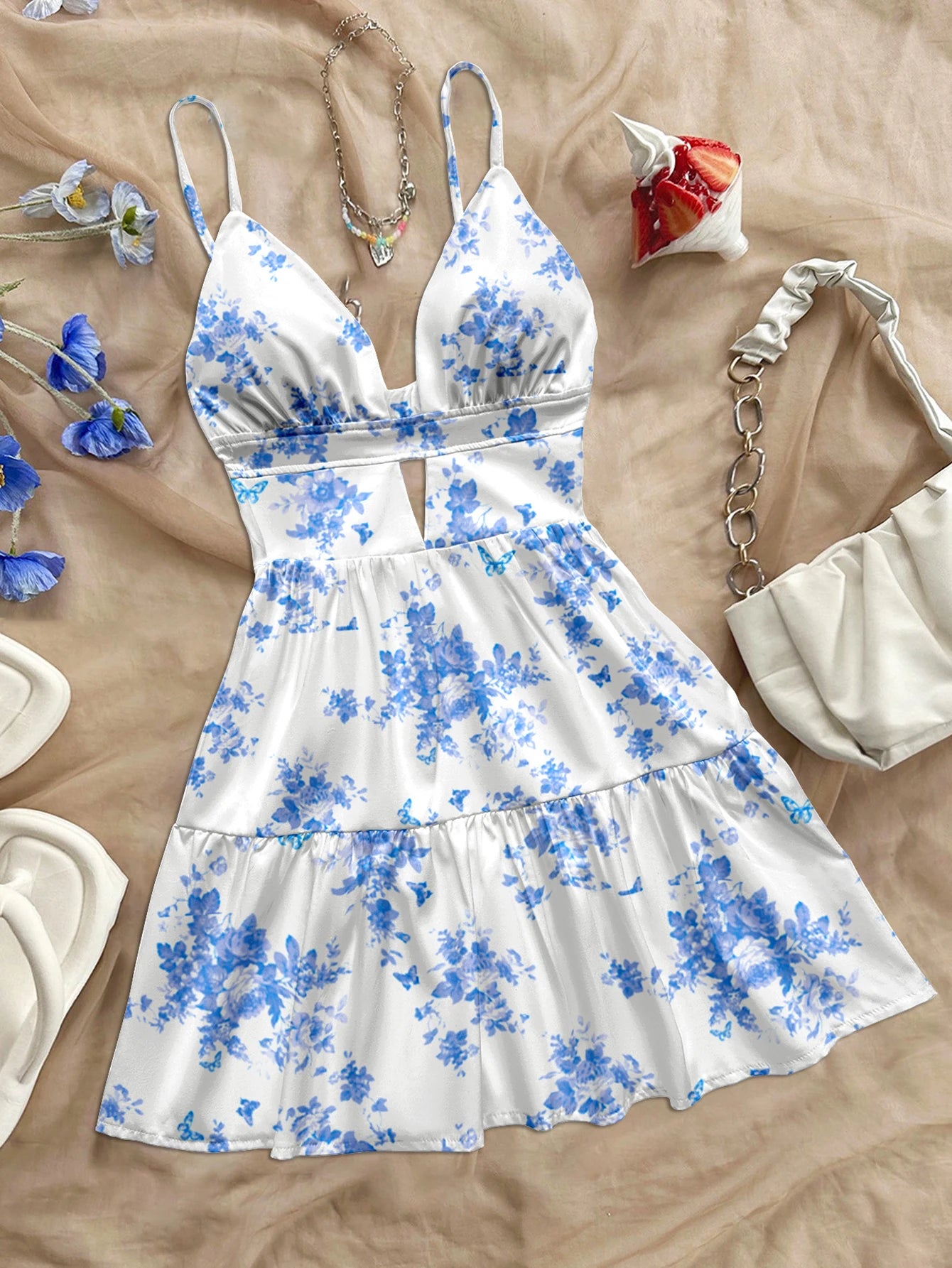 Women's Light Blue Floral Summer Dress – Slim Fit Beach Vacation Outfit