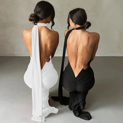 Hugcitar One Shoulder Backless Ruched Maxi Dress Women Y2K