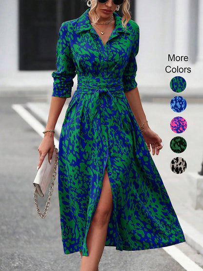 Elegant belted midi shirt dress, long sleeve, office casual