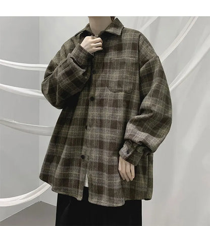 Vintage Korean Flannel Shirt Y2K Plaid Streetwear Winter