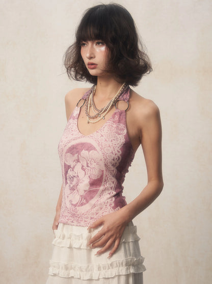Karrcat Y2K Purple Halter Top – Harajuku Flower Print