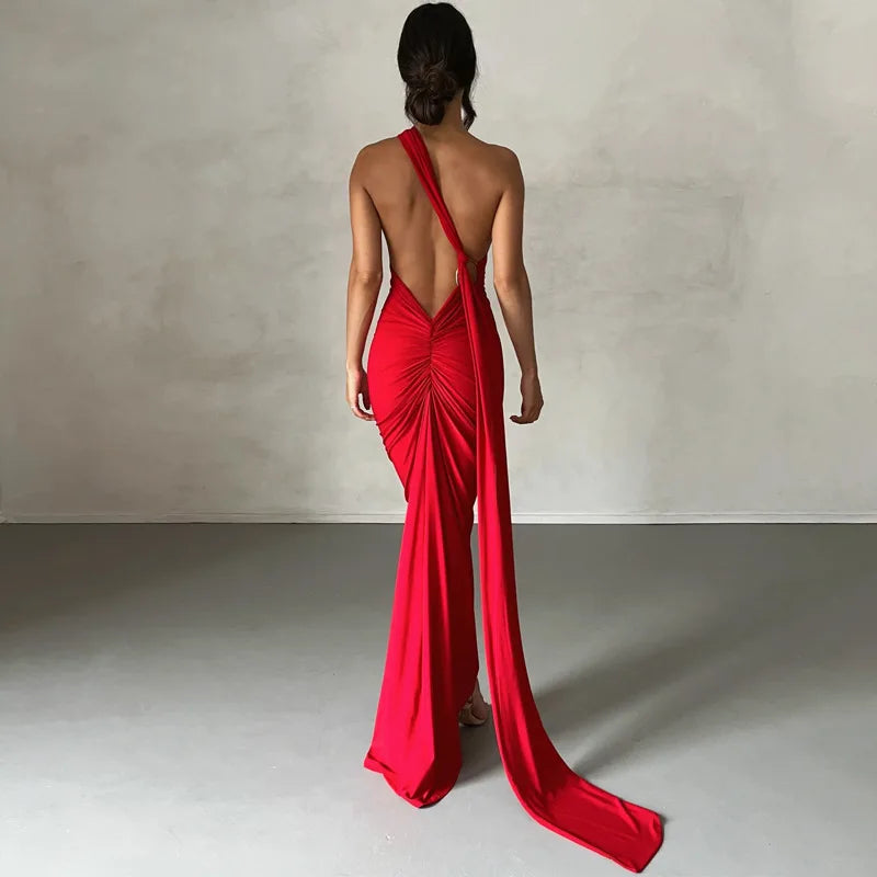 Hugcitar One Shoulder Backless Ruched Maxi Dress Women Y2K