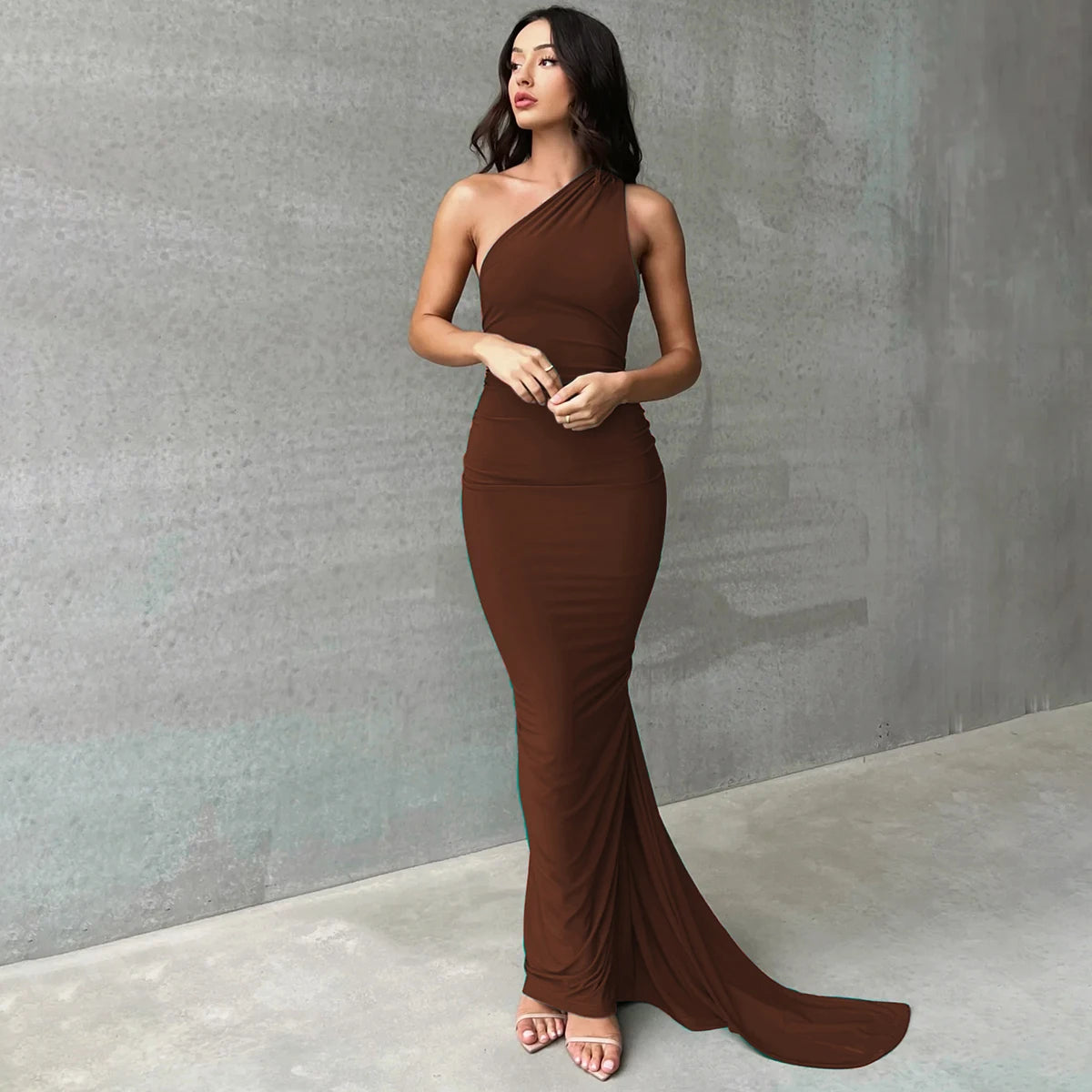 Hugcitar One Shoulder Backless Ruched Maxi Dress Women Y2K