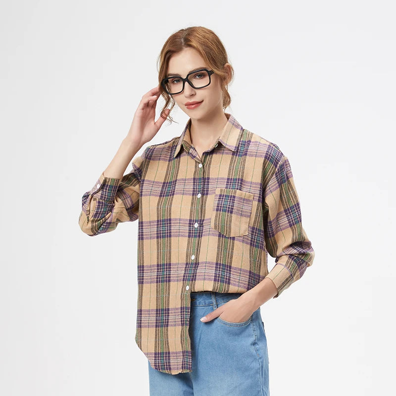 Women's plaid flannel shirt, loose fit, spring casual style
