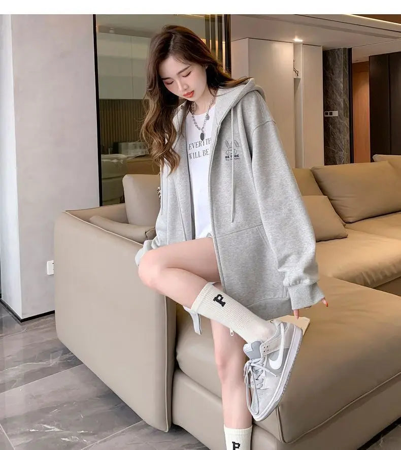 Women Embroidered Zip-Up Hoodie Casual Loose Streetwear Sweatshirt