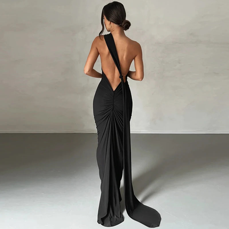 Hugcitar One Shoulder Backless Ruched Maxi Dress Women Y2K
