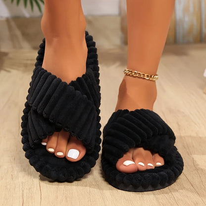 Cozy corduroy indoor slippers, warm plush home slides