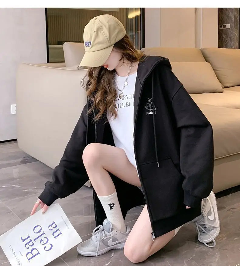 Women Embroidered Zip-Up Hoodie Casual Loose Streetwear Sweatshirt
