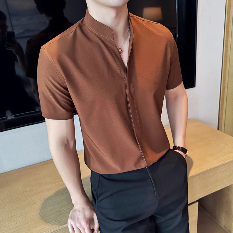 Men’s stand collar V-neck stretch shirt white fashion