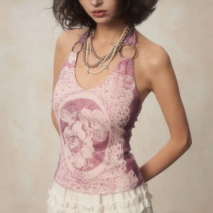 Karrcat Y2K Purple Halter Top – Harajuku Flower Print