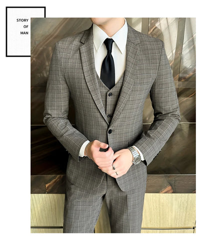 Men’s Plaid 3-Piece Suit Business Wedding Elegant Fashion Set