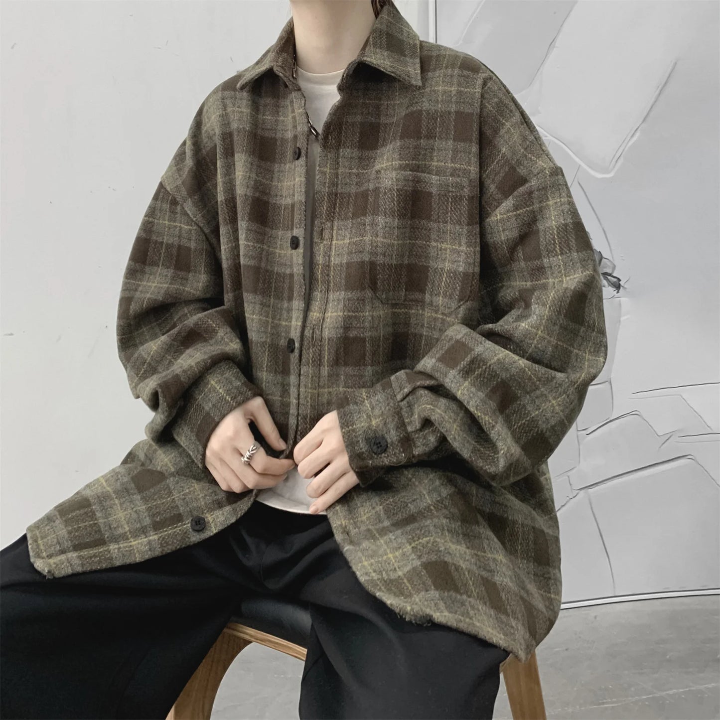 Vintage Korean Flannel Shirt Y2K Plaid Streetwear Winter