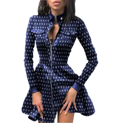 Women's PU Leather Long Sleeve Dress – Zipper Pocket, Stand Collar
