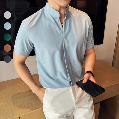 Men’s stand collar V-neck stretch shirt white fashion