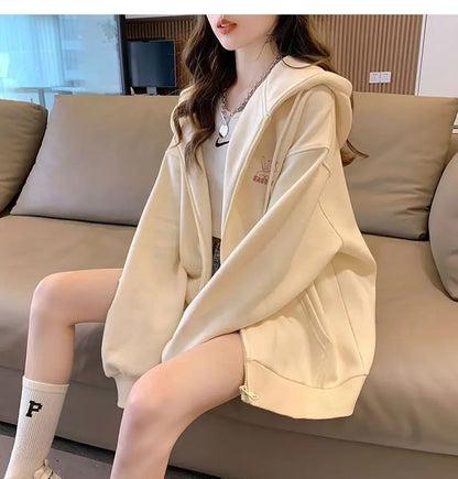 Women Embroidered Zip-Up Hoodie Casual Loose Streetwear Sweatshirt