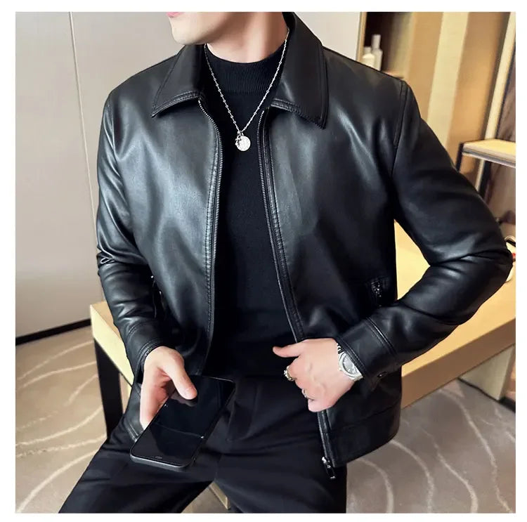 Men Bomber PU Leather Jacket – Slim Fit Casual Motorcycle Coat 2024