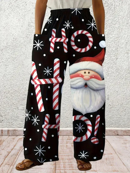 Plus Size Christmas Print Wide Leg Pants