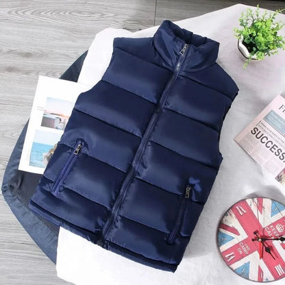 Men White Slim Vest Jacket Stand Collar Puffer Waistcoat