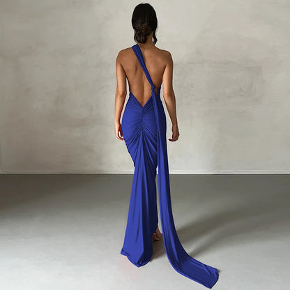 Hugcitar One Shoulder Backless Ruched Maxi Dress Women Y2K