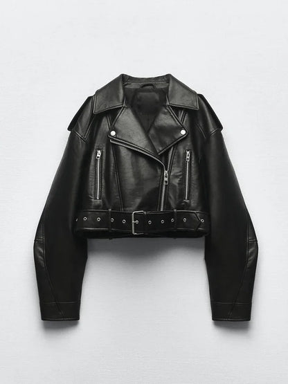 BBWM Women PU Leather Biker Jacket with Belt