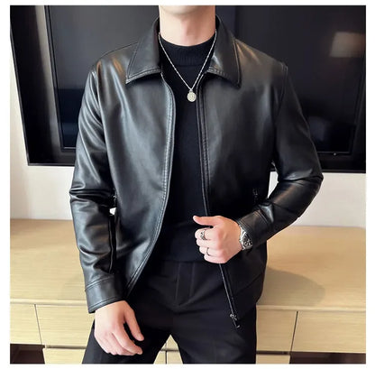 Men Bomber PU Leather Jacket – Slim Fit Casual Motorcycle Coat 2024