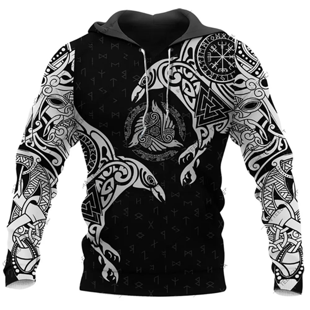 Men's 3D Wolf & Dragon Tattoo Hoodie  Retro Vintage Unisex Sweatshirt