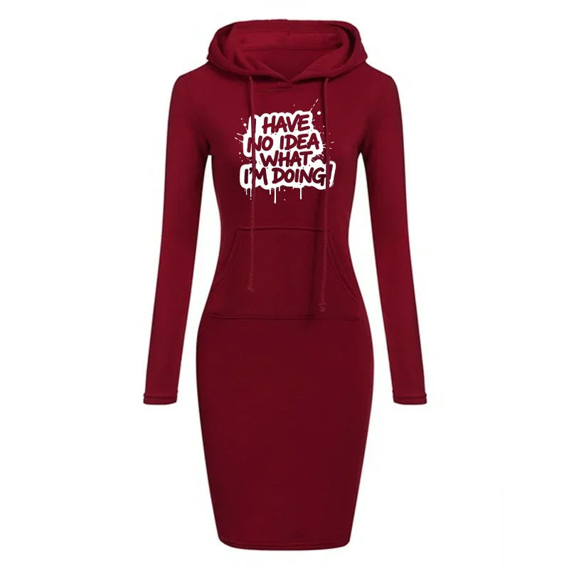 Women's Hooded Dress Long Sleeve Drawstring Text Print