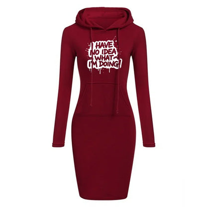 Women's Hooded Dress Long Sleeve Drawstring Text Print