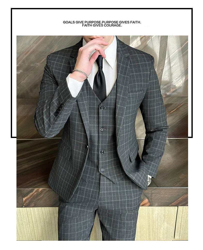 Men’s Plaid 3-Piece Suit Business Wedding Elegant Fashion Set