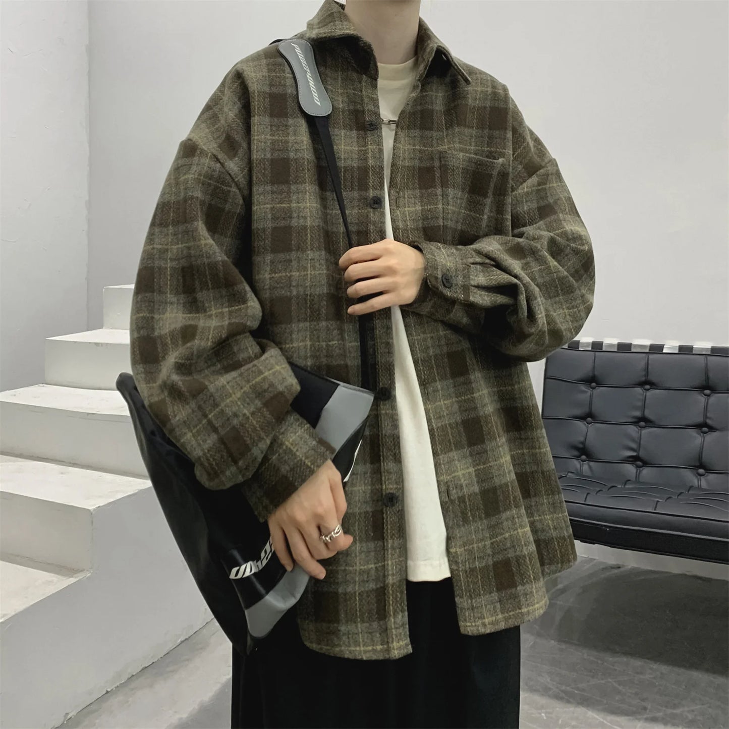 Vintage Korean Flannel Shirt Y2K Plaid Streetwear Winter