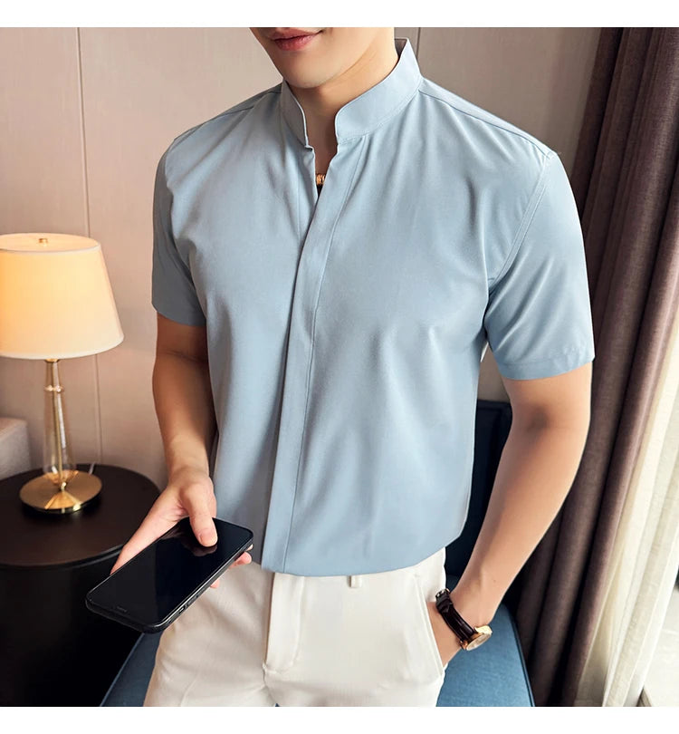 Men’s stand collar V-neck stretch shirt white fashion