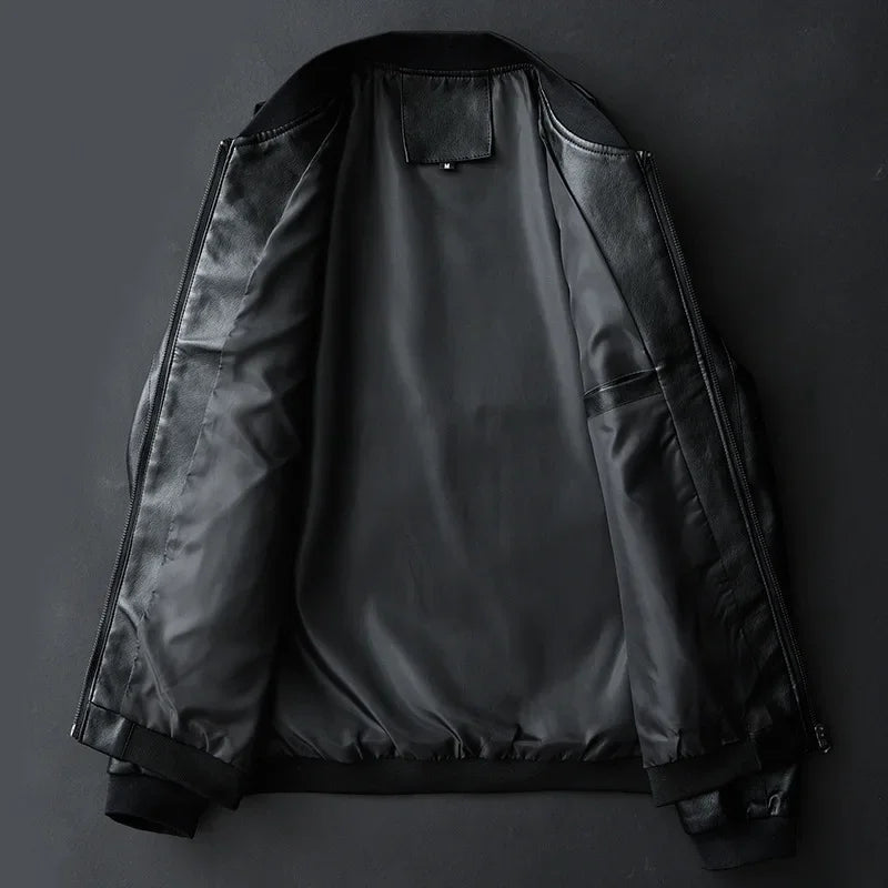 Men Black PU Leather Biker Jacket Slim Casual