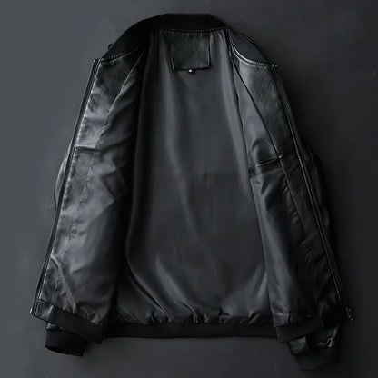 Men Black PU Leather Biker Jacket Slim Casual