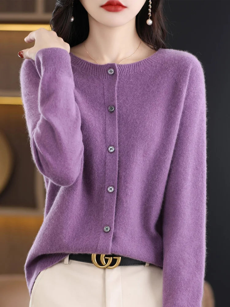 Women's Merino Wool O-Neck Cardigan 2024