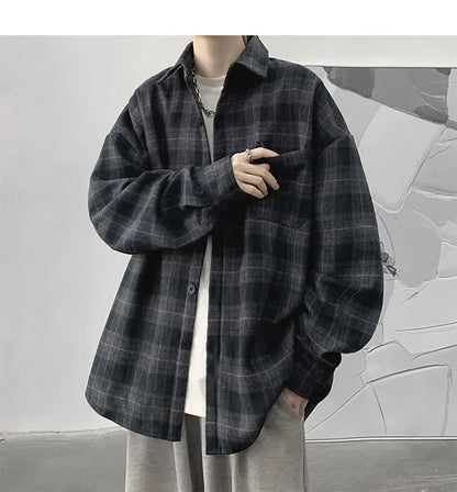 Vintage Korean Flannel Shirt Y2K Plaid Streetwear Winter