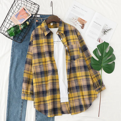 Women's plaid flannel shirt, loose fit, spring casual style